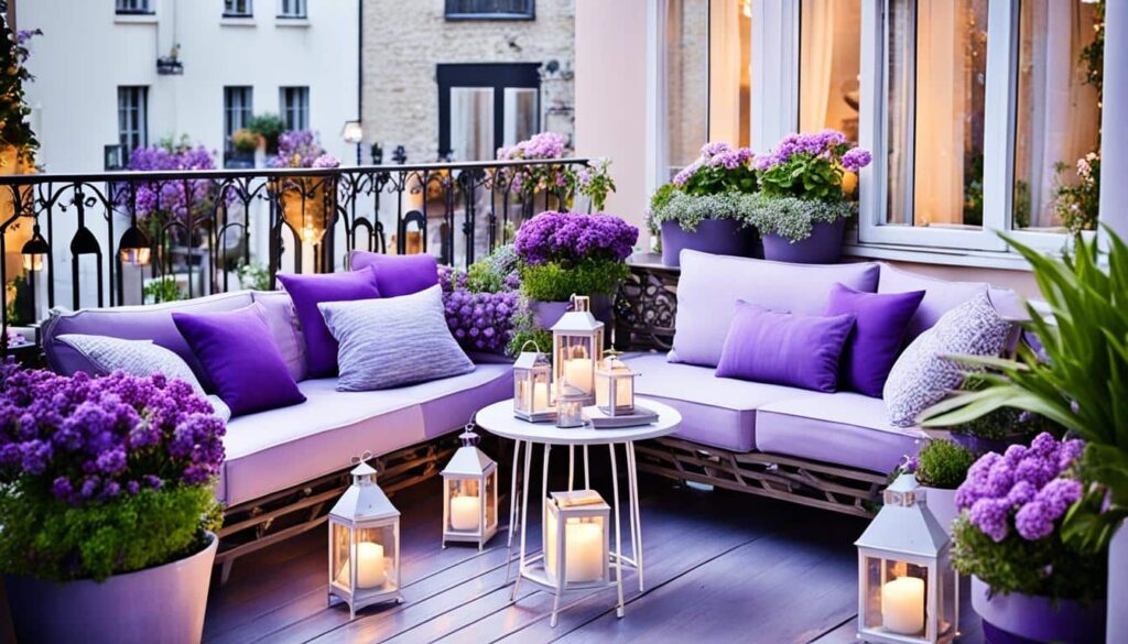 balcon déco avec touches de violet et de lilas